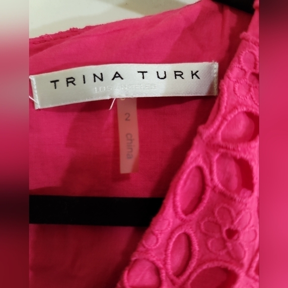 Trina Turk Grazia Dress in Passion Pink 2 Eyelet Lace Unlined Sleeves Cotton - Picture 8 of 9